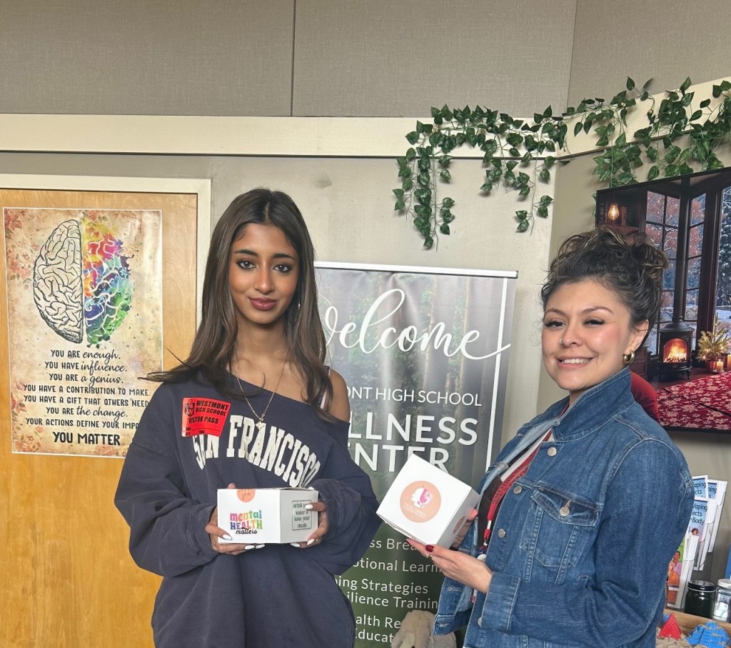 Aanya delivering Bloom Boxes to Westmont High School Wellness Center in Campbell, California to support teen mental health