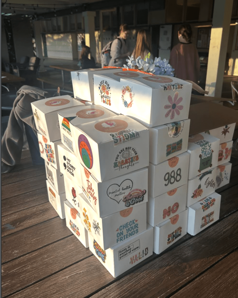 “Stack of 150 Bloom Boxes created by student volunteers for donation to Bay Area school Wellness Centers.”